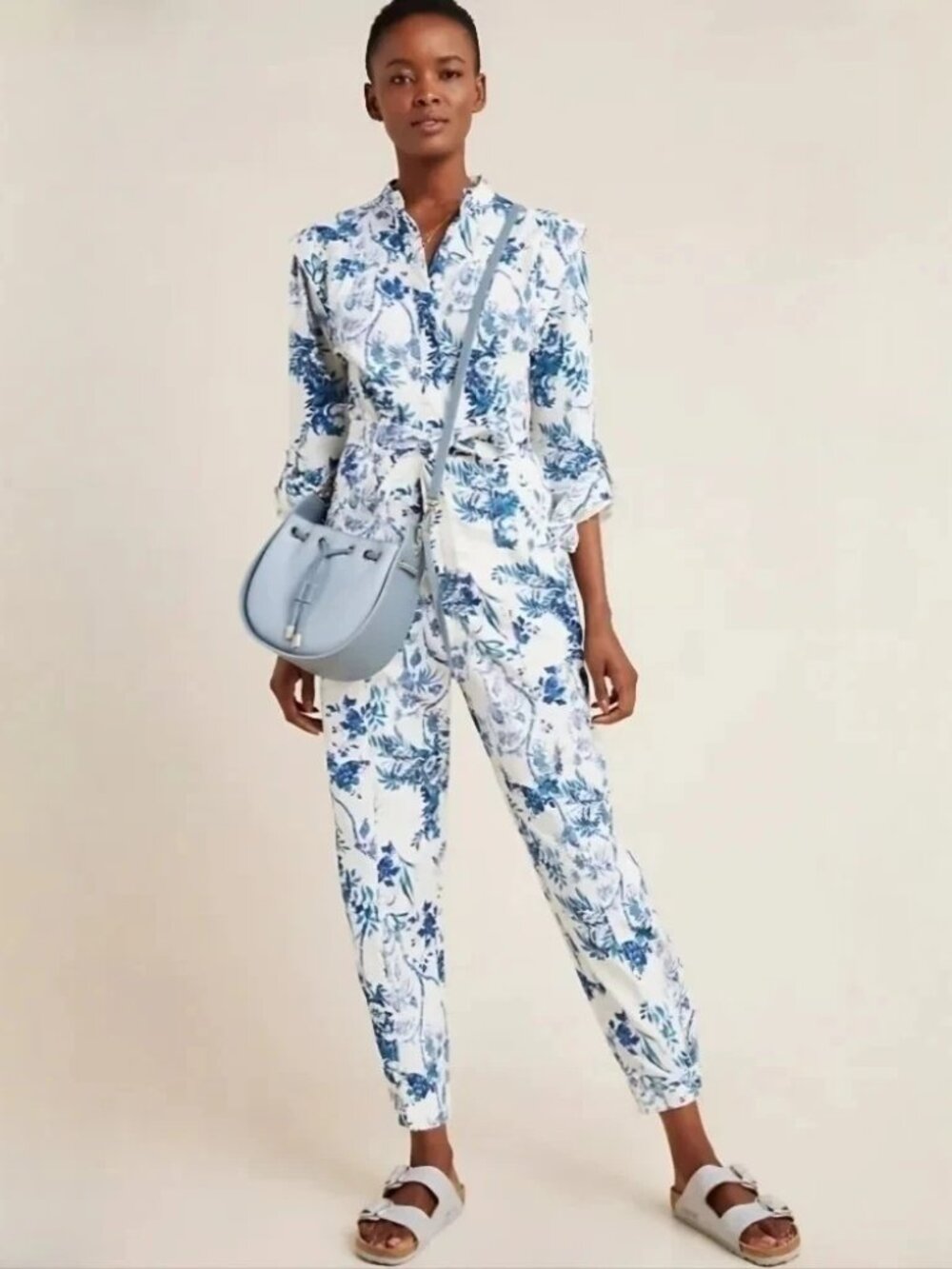 Anthropologie Lucienne Belted Floral Utility Jumpsuit 10 Roll Tab Long Sleeve